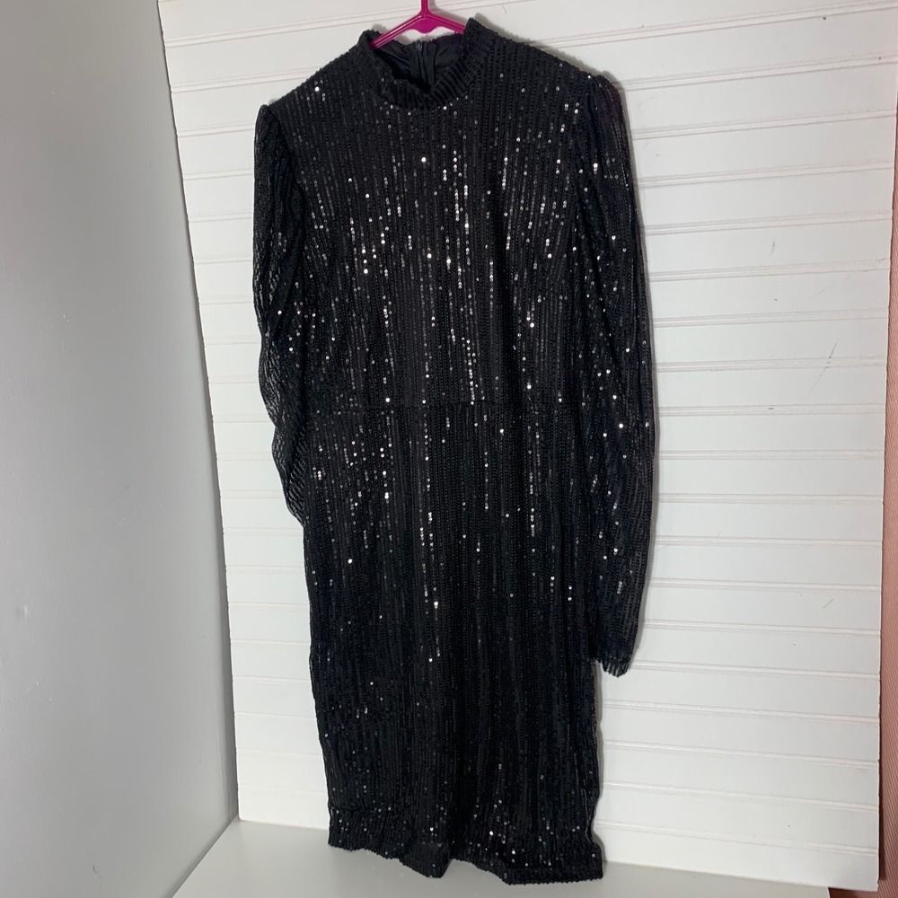 Mabell Black Sequin Mock Neck Long Sleeve Dress Size L